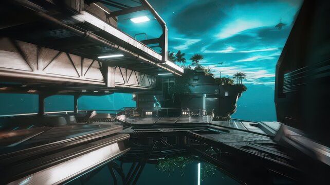 Futuristic floating island with lush vegetation and advanced architecture under a vibrant teal sky with dramatic clouds