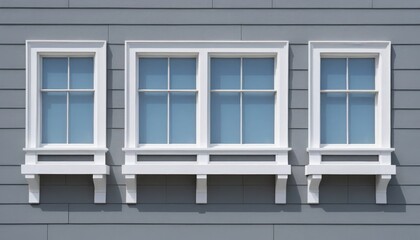 Fototapeta premium Three White Paneled Windows on Gray Siding exterior