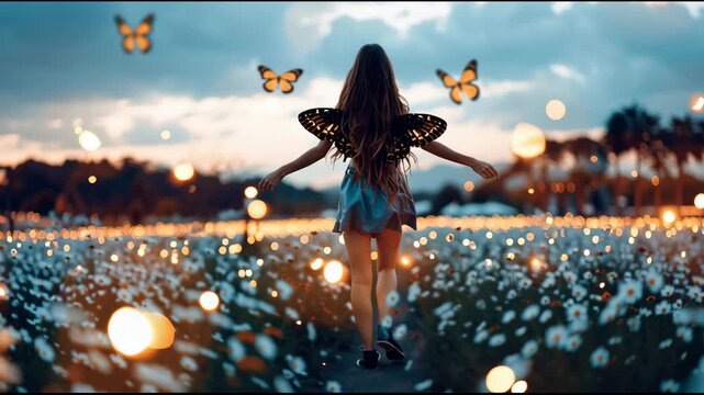 Dreamlike scene of a woman with luminous butterfly wings walking through an enchanted meadow filled with glowing flowers at sunset