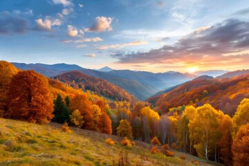 Fototapeta premium Majestic sunset illuminating colorful autumn foliage in the mountains