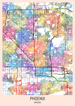 Phoenix Arizona City Map. downtown printable Landmarks print painting, travel art banner modern city, urban city art, background abstract