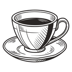 Vintage sketch illustration of a classic coffee cup on a saucer