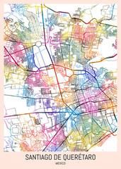 Santiago de Querétaro Mexico City Map. downtown printable Landmarks print painting, travel art banner modern city, urban city art, background abstract