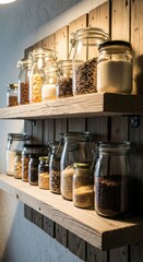Glass Jars Filled With Assorted Grains And Cereals On Rustic Wooden Shelves