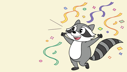 Cute kawaii raccoon with colorful streamers, happy new year cartoon design