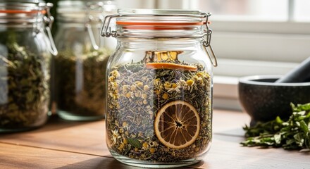 Glass Jars with Herbs and Spices on Wooden Table Natural Light Composition