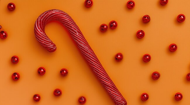 Red Candy Cane with Shiny Red Balls on an Orange Background for Festive Design