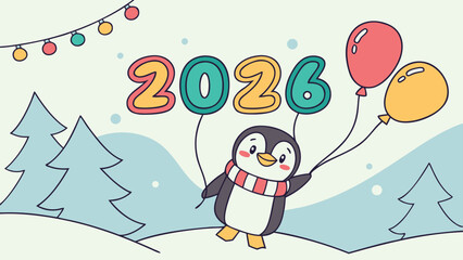Cute penguin holding 2026 party balloons, festive cartoon vector illustration