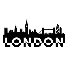 Fototapeta premium Black silhouette of the iconic London skyline featuring famous landmarks like Big Ben, Tower Bridge, and The Gherkin, with the city name integrated below.