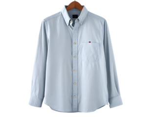 Light Blue Long Sleeve Button-Up Shirt on Wooden Hanger