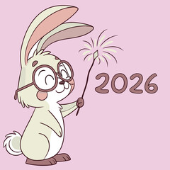 Adorable cartoon bunny celebrating New Year 2026 with sparkler, kawaii style illustration