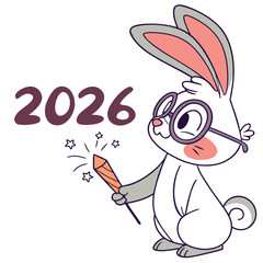 Cute bunny with glasses holding sparkler, 2026 typography beside, festive vector