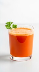 Glass Of Freshly Squeezed Orange Juice Garnished With Green Parsley On White Background