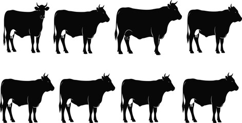 Cow silhouette, livestock icon, farm animal, cattle shape, black silhouette, rural theme, agriculture concept, grazing cow, animal profile, herd design