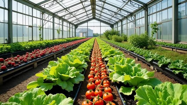 Rows of vibrant green lettuce and ripe red tomatoes growing in a sunlit greenhouse.