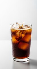 Glass Of Refreshing Beverage With Ice Cubes Against White Background