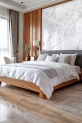 Modern bedroom interior design featuring marble wall and wooden furniture