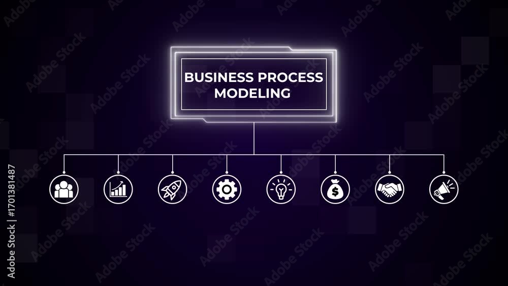 Poster business process modeling hologram concept. performance metrics, and business insights from large da