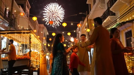 Vibrant Diwali Night Festival: Indian Families and Children Celebrating with Sparklers on a Decorated Street - Powered by Adobe