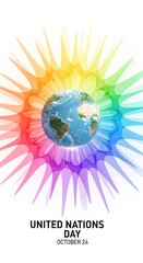 Globe Earth Surrounded By Rainbow Burst On White Background United Nations Day Concept