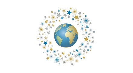 Globe Surrounded By Gold Silver and Blue Stars on White Background