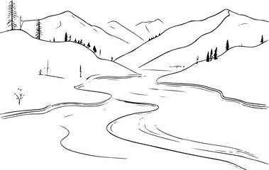 minimal landscape line art of mountains with river, thin black lines, white background, calm scene