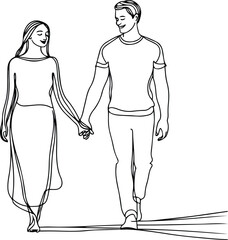 minimal line art of a couple walking holding hands, continuous black line, white background, romantic feel