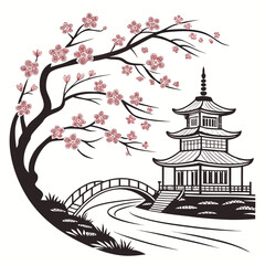 Elegant Japanese Landscape with Pagoda, Cherry Tree, and Arch Bridge