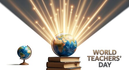 Globe Surrounded By Light Rays Above Books Against White Background Celebrating World Teachers Day