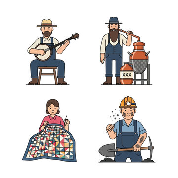 Four stylized figures representing traditional American occupations: a banjo player, a moonshiner, a quilter, and a miner.