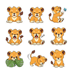 Fototapeta premium Lion Cub Vector Set with Cute Animal Set. Vector Illustration Pack