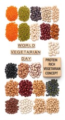 Assorted Legumes Arranged for World Vegetarian Day with Text on Wooden Blocks Isolated on White Background