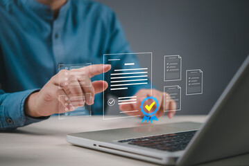 Compliance governance man points to a bank to justice to check flow on a laptop, showing...