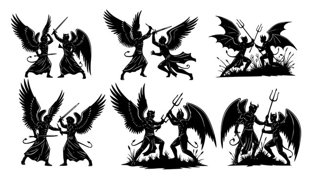 Silhouettes of angels and demons fighting