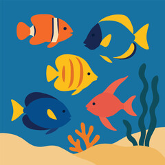 Naklejka premium A vibrant underwater scene with a variety of colorful tropical fish swimming among coral and seaweed.