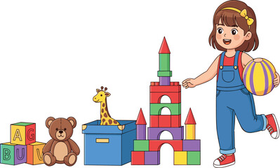 Happy child playing, colorful toys, cartoon toddler, building blocks, teddy bear, learning activity, smiling kid, preschool fun, playful scene, development