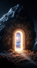 Glowing Portal Entrance in Cosmic Cave with Starry Night Backdrop