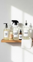 Assortment of Cleaning Supplies and Toiletries on Wooden Shelf Against White Wall with Shadow