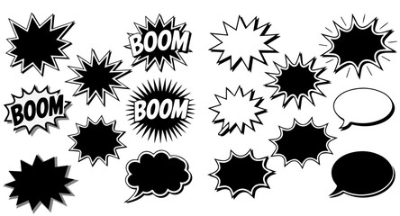 Ribbon Vector Comic Speech Bubbles and Explosion Boom Shapes Collection, Cartoon Pop Art Starburst Blast Frames, Retro Vintage Comic Style Callout Balloons for Text