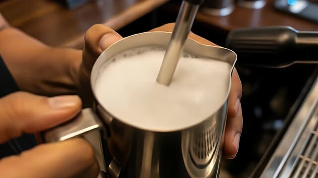 Professional Barista Preparing Steamed Milk for Coffee Drink.