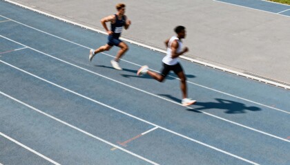 Fototapeta premium Two athletes sprinting on a blue track