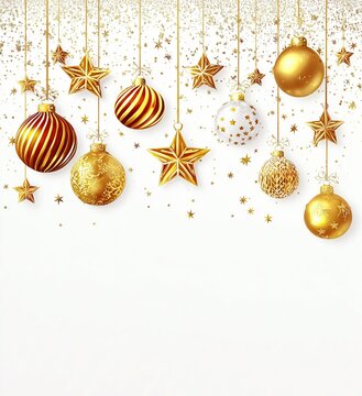 Golden Christmas Ornaments and Stars Hanging on a Sparkling Background for Holiday Designs