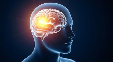Scientific visualization of neurological activity within the human brain, highlighting a specific region with a glowing electrical impulse