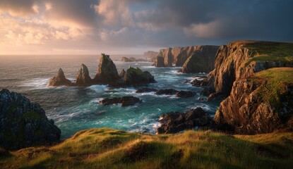 Dramatic coastal scenery at sunset.  Rocky outcrops meet churning waves against a dramatic sky
