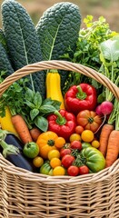 Assortment Of Fresh Colorful Vegetables Displayed In A Wicker Basket Outdoors