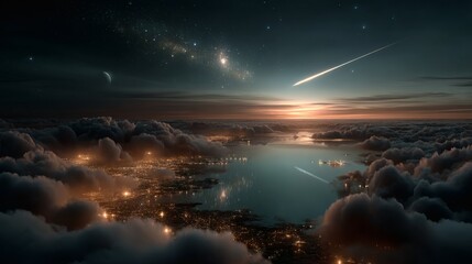 Fantasy dragon flying across glowing night sky with stars clouds and magical fire breath illustration 