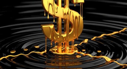 Golden Dollar Sign Melting Into Dark Liquid Creating Ripples Abstract Concept