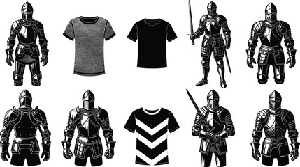 Medieval knight armor, modern t-shirt fashion, historical costume contrast, vintage warrior design, casual clothing styles, silhouette collection, fashion evolution concept