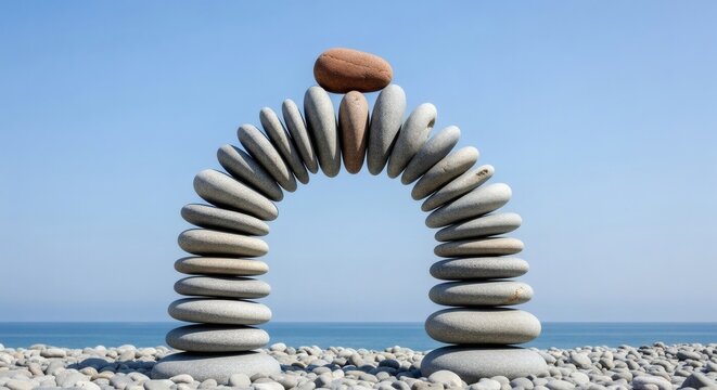A perfectly balanced arch of smooth pebbles on a beach, with a single keystone symbolizing stability, harmony, and connection