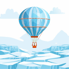 Fototapeta premium An adventurous journey in a hot air balloon soaring above a vast, frozen landscape of cracked arctic ice, representing exploration and travel